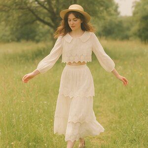 Vintage Edwardian Embroidered Sheer Lace Two-Piece Set – XS/S